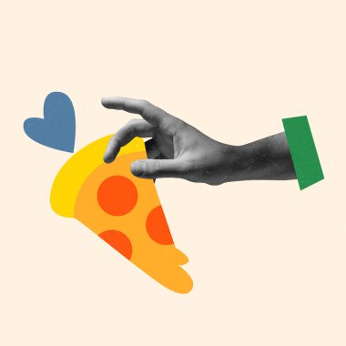 Çağdaş sanat eserleri. Hafif arka planda İtalyan pizzası dilimi olan bir kadın eli. Sembolizm kavramı, sürrealizm.