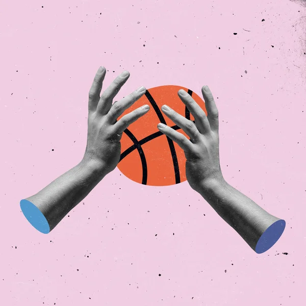 光の背景に手審美的な保持バスケットボールボール,アートワーク.スポーツ、アクティブライフスタイル、象徴主義、シュールレアリズムの概念. — ストック写真