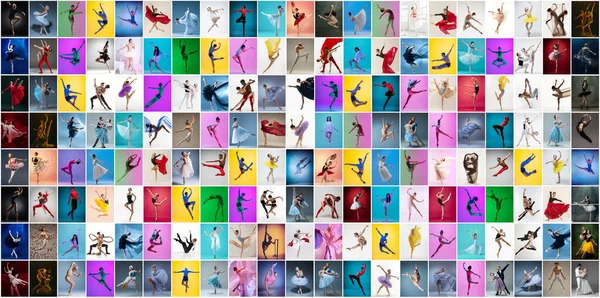 在霓虹灯下，穿着舞台服装、在五彩斑斓的背景下跳舞的男女芭蕾舞演员肖像的艺术拼贴. — 图库照片