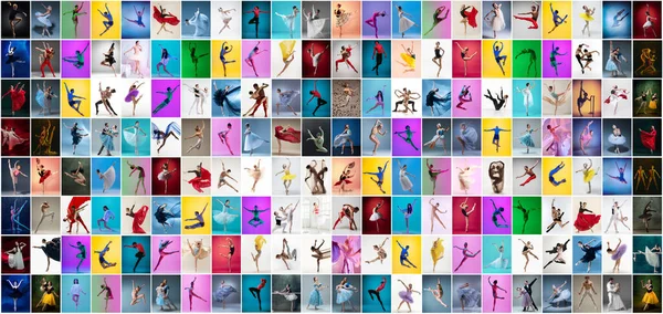 Collage de arte hecho de retratos de bailarines de ballet femeninos y masculinos en trajes de escenario bailando aislados sobre fondo multicolor en luz de neón. — Foto de Stock