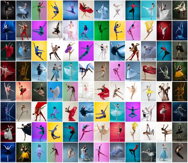 Композитне зображення багатоетнічних танцюристів балету в сценічних костюмах, які танцюють ізольовано на різнокольоровому фоні в неоновому світлі . — стокове фото