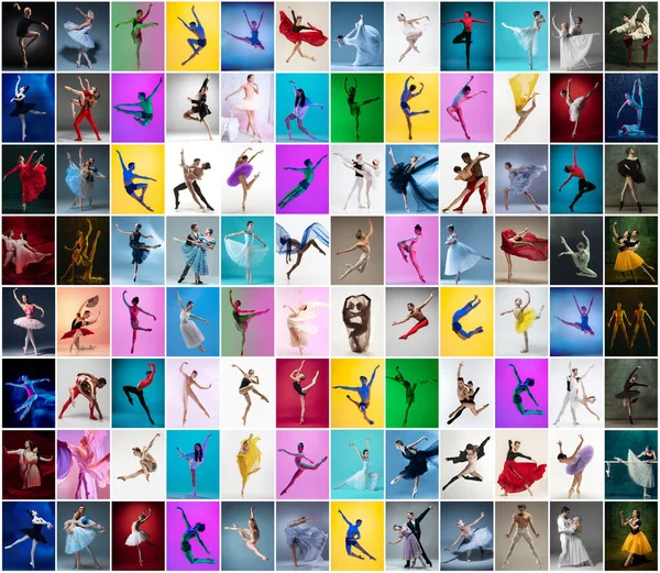 Art collage gemaakt van portretten van vrouwelijke en mannelijke ballet dansers in toneelkostuums dansen geïsoleerd op veelkleurige achtergrond in neon licht. — Stockfoto