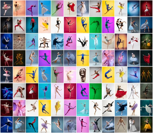 Photo set of female and male ballet dancers in stage costumes dancing isolated on multicolored background in neon light. — Stock Photo, Image