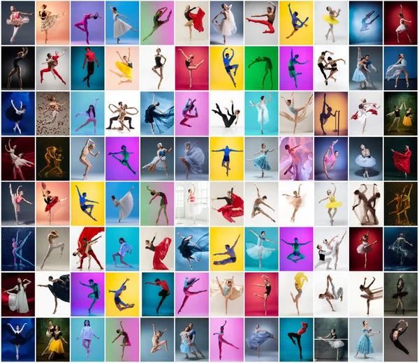 Art collage made of portraits of female and male ballet dancers in stage costumes dancing isolated on multicolored background in neon light. — Stock Photo, Image