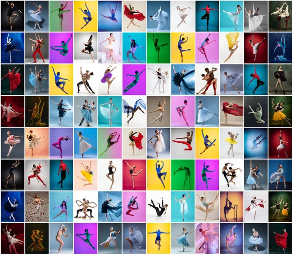 Изящные юноши и девушки, артисты балета в сценических костюмах, танцующие изолированные на разноцветном фоне в неоновом свете. — стоковое фото