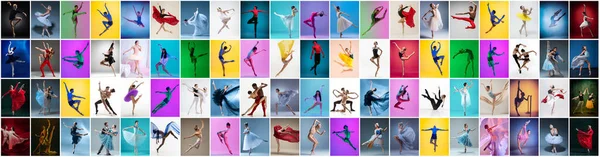 Zestaw fotograficzny wykonany z portretów tancerek baletowych kobiet i mężczyzn w strojach scenicznych tańczących na wielokolorowym tle w neonowym świetle. — Zdjęcie stockowe
