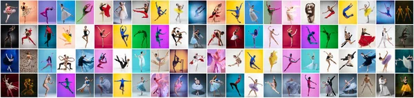 Koláž z portrétů ženských a mužských baletních tanečnic v divadelních kostýmech tančících izolovaně na pestrobarevném pozadí v neonovém světle. — Stock fotografie