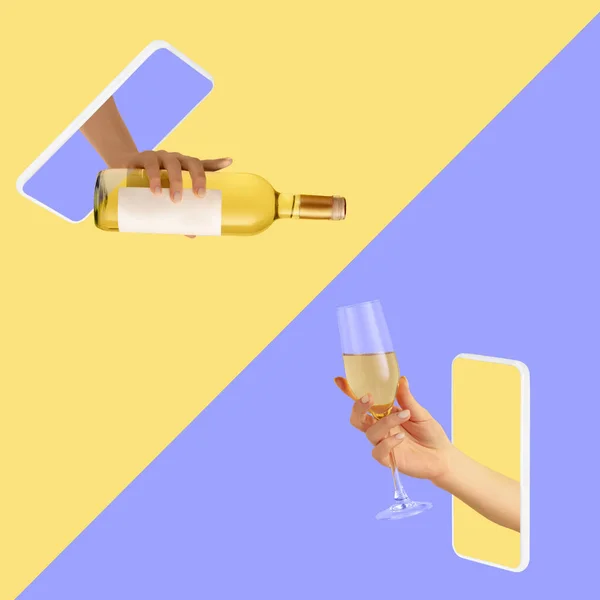 Сучасне мистецтво колаж. Дві руки стирчать екран телефону і заливають вино в склянку ізольовано на жовтому бузковому фоні — стокове фото