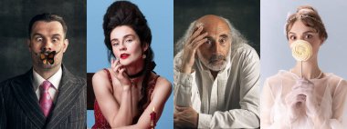 Güzel kadınlar ve erkekler ortaçağ insanı ya da ünlü sanat eserlerindeki karakterler renkli arka planda izole edilmiş eski moda kıyafetler içinde..