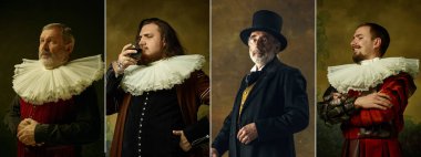 Medieval people as a royalty persons in vintage clothing on dark background. Concept of comparison of eras, modernity and renaissance, baroque style. clipart