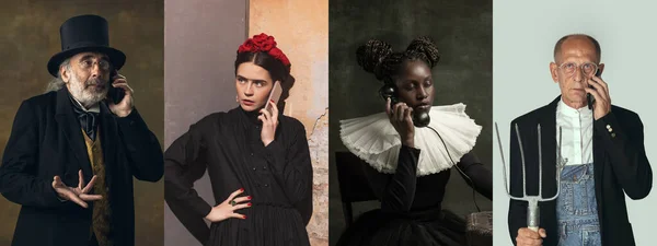 Schöne Frauen und Männer als mittelalterliche Personen oder Charaktere aus berühmten Kunstwerken in Vintage-Kleidung mit Telefon isoliert auf farbigem Hintergrund. — Stockfoto