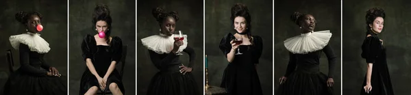 Collage hecho con retratos retro clásicos de mujeres jóvenes hermosas en imagen de persona real medieval en vestido negro aislado sobre fondo oscuro vintage. — Foto de Stock