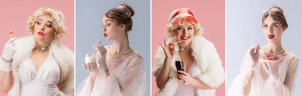 Duas jovens adoráveis em trajes de palco, roupas isoladas em fundo branco e rosa. Estilo retro, comparação do conceito eras. — Fotografia de Stock