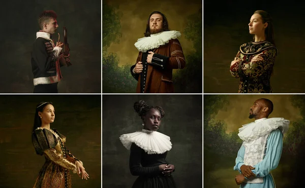 Średniowieczni ludzie jako członkowie rodziny królewskiej w starych ubraniach na ciemnym tle. Koncepcja porównywania epok, nowoczesności i renesansu w stylu barokowym. — Zdjęcie stockowe