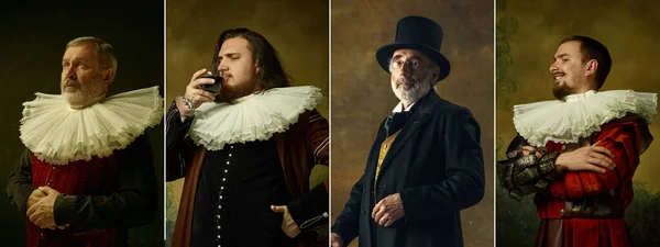 暗い背景にヴィンテージ服の王族として中世の人々。時代、現代とルネサンス、バロック様式の比較の概念. — ストック写真