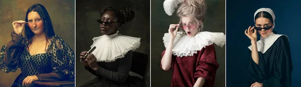 Middeleeuwse mensen als koninklijke personen in vintage kleding op donkere achtergrond. Concept van vergelijking van tijdperken, moderniteit en renaissance, barokke stijl. — Stockfoto