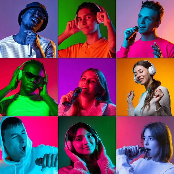 Colagem feita com retratos de grupo de pessoas multiétnicas em fundo multicolorido, colagem, arte. Close-up — Fotografia de Stock