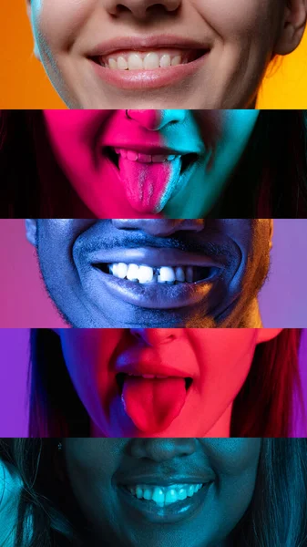 Immagine verticale composita di primo piano maschio e femmina aperte bocche sorridenti isolate su backgorund al neon colorato. Pezzi multicolori. — Foto Stock