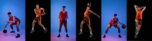 네온 빛을 받은 스튜디오 배경에 고립된 공을 가지고 있는 프로 농구 선수의 형상으로 만든 조각품. — 스톡 사진