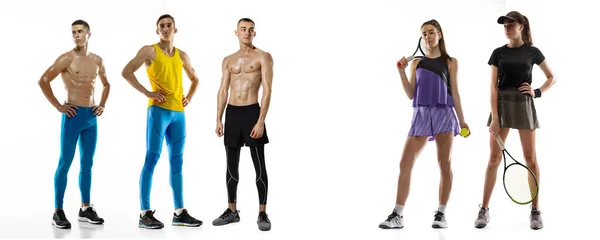 Collage hecho de imágenes de hombres y mujeres en forma, deportivos posando aislados sobre fondo blanco. Volante. —  Fotos de Stock