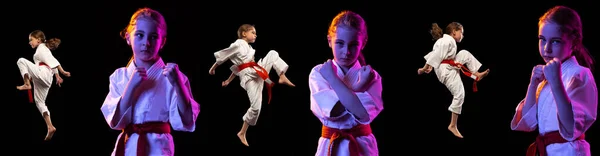 Sport collage met klein meisje, jong karate in sport uniform poseren geïsoleerd over donkere achtergrond in paars neon licht. — Stockfoto