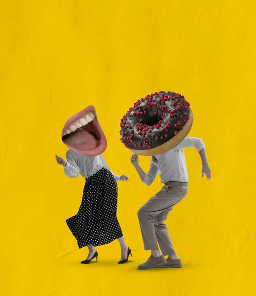 現代アートのコラージュのカップルの口とドーナツ頭のダンスレトロなスタイルのダンス黄色の背景に孤立 — ストック写真