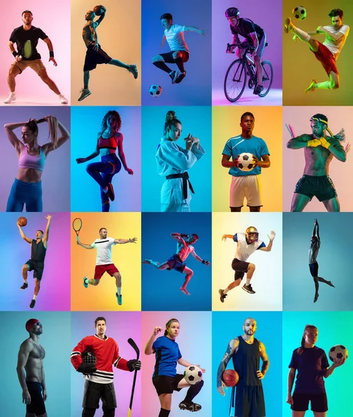 Set von Bildern verschiedener professioneller Sportler, fitte Menschen in Aktion, Bewegung isoliert auf mehrfarbigem Hintergrund in Neonlicht. — Stockfoto