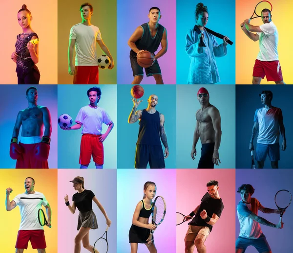 Set di immagini di sportivi misti, atleti maschi e femmine con attrezzature sportive isolate su sfondo multicolore in luce al neon. — Foto Stock