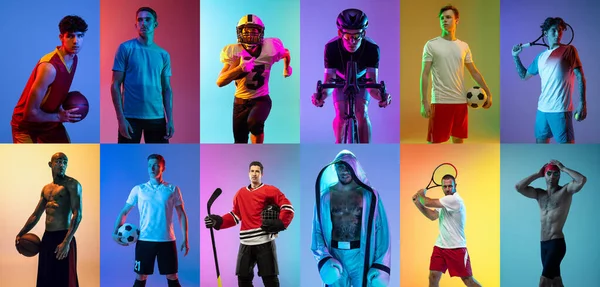 Composite image of portrait of athletes, professional sportsmen posing isolated on multicolor background in neon light. — Stock Photo, Image