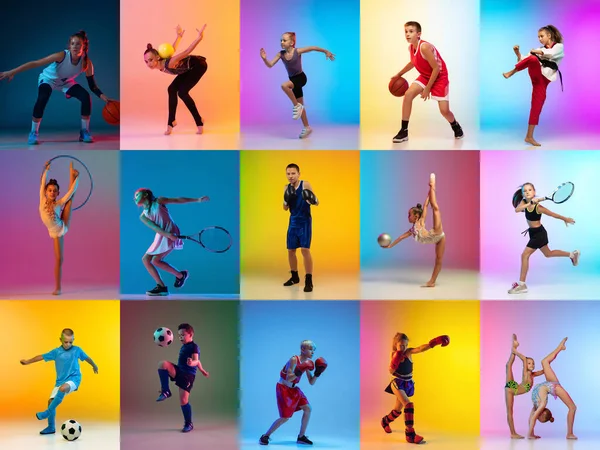 Ensemble d'images de jeunes sportifs, petits garçons et filles en action, mouvement isolé sur fond multicolore au néon. — Photo