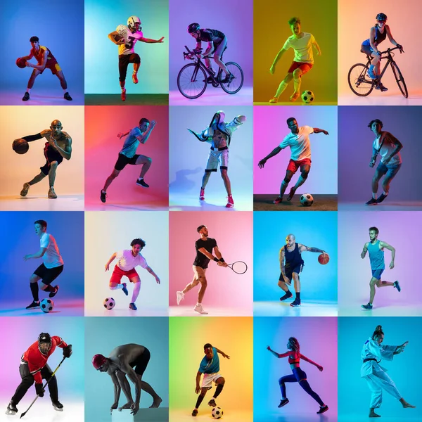 Set of images of different professional sportsmen, fit people in action, motion isolated on multicolor background in neon light. — Stock Photo, Image