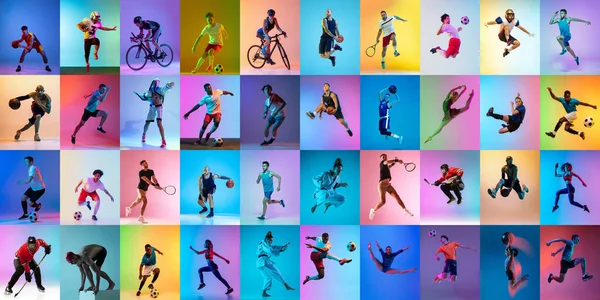 Set beelden van verschillende professionele sporters, fit mensen in actie, beweging geïsoleerd op multicolor achtergrond in neon licht. — Stockfoto