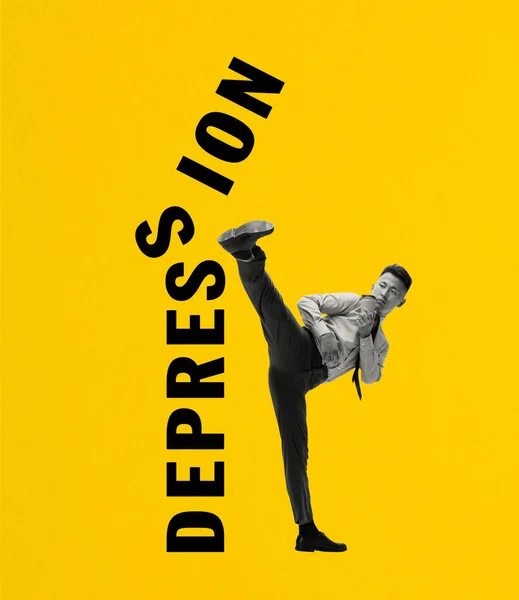 Collage d'arte contemporanea, design moderno. Ispirazione, idee, stile rivista di tendenza. Karate maschile rottura segno depressione. — Foto Stock