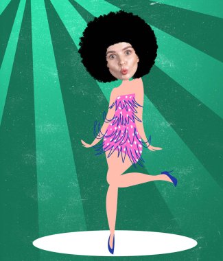 Çağdaş sanat kolajı, modern tasarım. Disko partisi. Retro gece kulübünde dans eden neşeli genç kız.