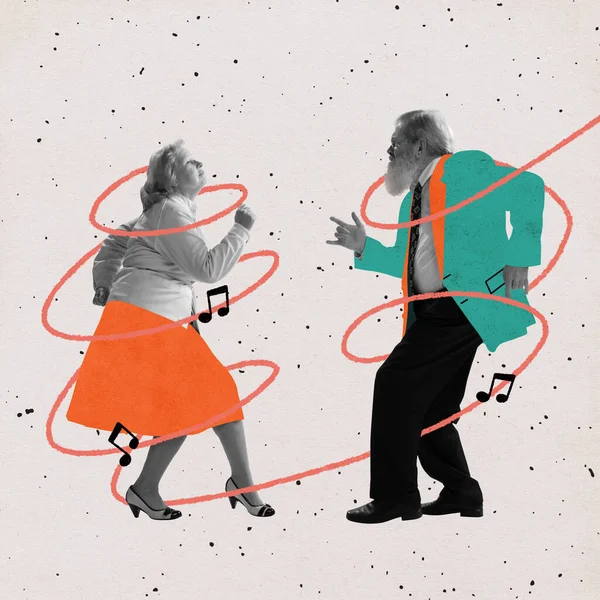 Colagem de arte contemporânea de dançarino mais velho homem e mulher em roupas retro estilo isolado sobre fundo leve com desenhos — Fotografia de Stock