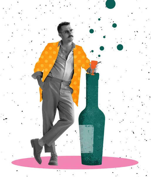 Modern design, contemporary art collage. Inspiration, idea, trendy urban magazine style. Stylish young man standing near drawn wine bottle — 图库照片
