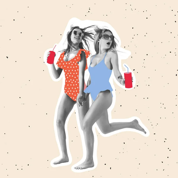 Two beautiful girls in swimming suits with lemonade on light background. Contemporary art collage, modern design. — Stock Photo, Image