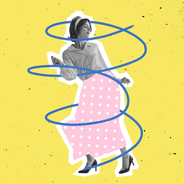 Contemporary art collage, modern design. Beautiful woman dressed in 70s, 80s fashion style dancing on yellow background with drawings. — Stock Photo, Image
