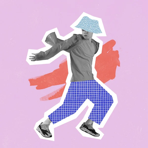Pria bergaya, hipster berpakaian di tahun 90-an, gaya 80-an menari hip-hop di latar belakang cerah dengan gambar. — Stok Foto