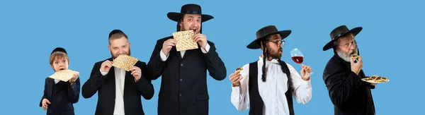 Conjunto de retratos de hombres de edad mixta, hombres judíos ortodoxos degustando comida nacional, matzo. Vacaciones, concepto de celebración. —  Fotos de Stock