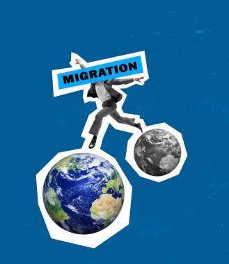 Ofisteki genç iş adamı bir gezegenden diğerine atlıyor. Çağdaş sanat kolajı. Uluslararası göç