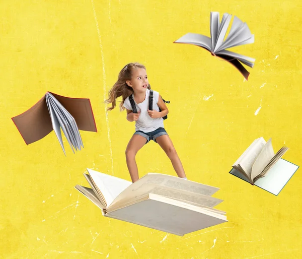 Współczesny kolaż artystyczny dziecka, dziewczyna latająca, surfing na otwartej książce izolowane na żółtym tle — Zdjęcie stockowe