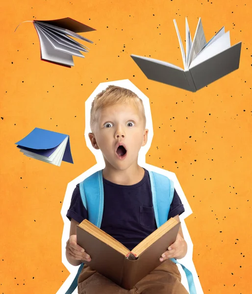 Creative art collage of surprised little boy with shocked expression reading book, story isolated over orange background — 图库照片