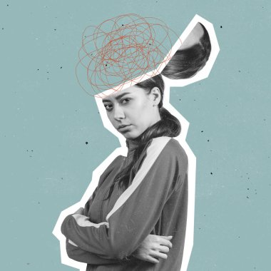 Modern tasarım, çağdaş sanat kolajı. İlham, fikir, modaya uygun şehir dergisi tarzı. Kaos, kadınların karmaşası mavi arka planda.