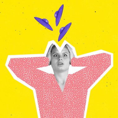 Contemporary modern art. Inspiration, idea, trendy urban magazine style. Shocked young girl on bright yellow background clipart