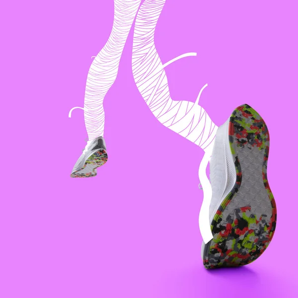 Рисуют женские ноги в кроссовках, кроссовки убегают изолированные на фиолетовом неоновом фоне. Произведения современного искусства — стоковое фото