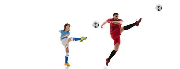 Sport kollázs. Ember, profi focista és kisfiú edzés együtt elszigetelt fehér stúdió háttér — Stock Fotó