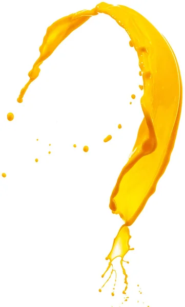 Close-up Spritzer gelber Farbe isoliert auf weißem Hintergrund mit Kopierfläche für Werbung, Text, Design — Stockfoto