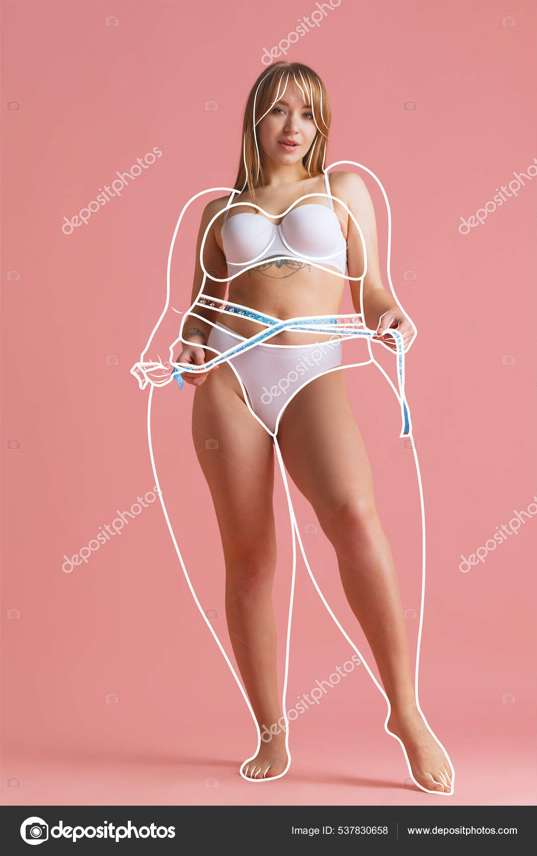One young beautiful slim woman in underwear isolated over pink background.  Line art. Modern artwork. Healthy eating concept Stock Photo by  ©vova130555@gmail.com 537830658