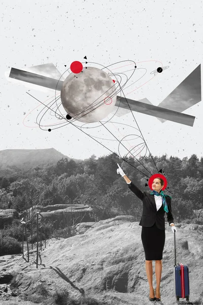 Happy young girl, stewardess getting ready to fly to another planet. Modern design, contemporary art collage. — Fotografia de Stock